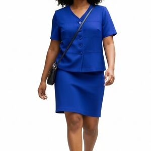 Atrium Skirt Suit Size 14P Blue Short Sleeve Textured 5 Button Lined Vintage 90s